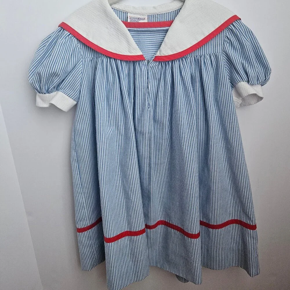 VTG Youngland Nautical Sailor Seersucker Dress Blue & White with Red Trim - Picture 1 of 15